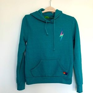 RARE Aviator Nation Rainbow Teal Bolt Hoodie Sweatshirt Size XS